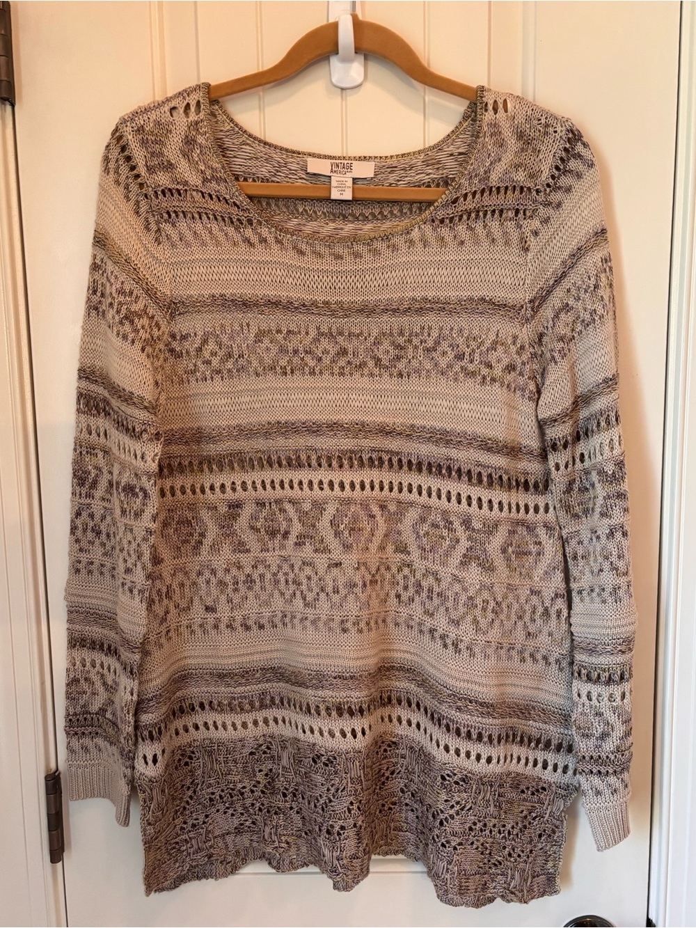 Vintage America boho Open-Knit Scoop Neck Sweater Cream, brown & Lilac women’s M